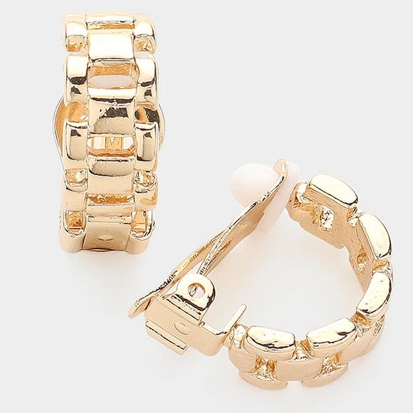Gold Clip On Hoop Earrings Watch Link Casual Everyday Circle Textured Metal - Picture 2 of 2